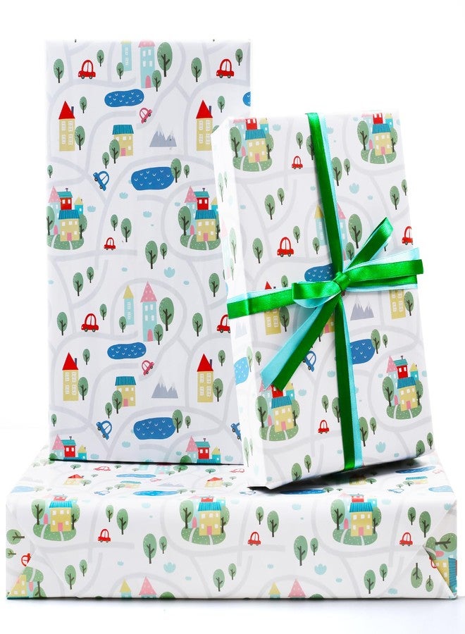AirCool Village Town Neighborhood City Homes Welcome Wrapping Paper, 6 Sheets Village Town Road Gift Wrap Paper with Ribbons, 20 x 30 inch Per Sheet for Friends Families Housewarming, Birthday, Baby Shower - Image 1